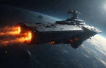 Aufkleber - Futuristic spaceship flies space above planet. Sci-fi large spacecraft with burning engines, travel cosmos. Alien technology, explore galaxy. Conceptual illustration for space travel.