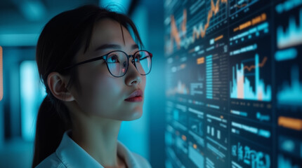 Young Asian woman in glasses looking at digital screen analyzing digital data trends