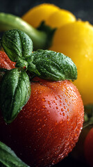 Fototapete - Close-up of a red tomato with basil and water droplets, blurred yellow pepper in background, showcasing freshness and natural texture, ideal for food or healthy eating concepts