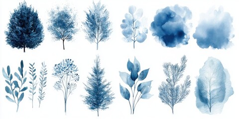 Watercolor blue trees and foliage: artistic botanical illustrations in various styles