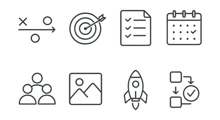 Poster - Set of icons for a calendar, a target, a check list, and a rocket