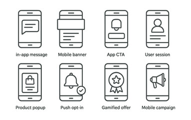 Poster - Set of cell phones with icons for In-App Message, Mobile Banner, App CTA