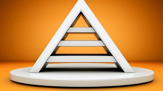 A white minimalist pyramid structure resting on a circular platform