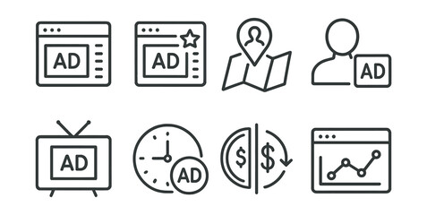 Poster - Set of icons for ads, including a TV, a clock, a dollar sign, and a map