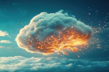 Poster - A surreal depiction of a cloud functioning as a brain, illuminated with sparks and data elements, suspended in a bright sky during daylight