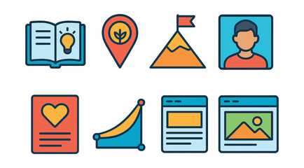 Poster - Set of icons for a website, including a heart, a book, a mountain, a person