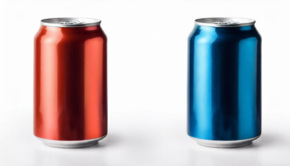 Aufkleber - Shiny cans stand on white. Red can and blue can. Simple metallic drink containers. Objects for beverages. Cans are next to each other. Refreshment in metal. Cool drink concept.