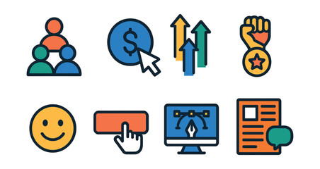 Poster - Set of icons with a smiley face, a dollar sign, a star, a computer monitor