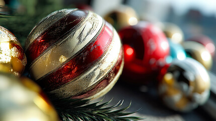 Aufkleber - Festive holiday decorations create a warm atmosphere with vibrant ornaments and greenery
