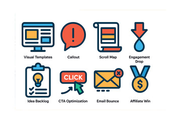 Poster - Set of icons for a website, including a click button, a scroll map