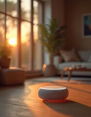 Poster - Smart speaker device on wooden floor in living room. Voice control tech concept. Home automation, communication, digital assistant, sound, music and info access.