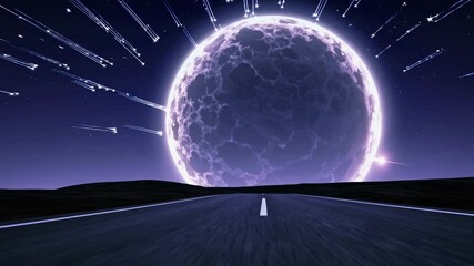 Wall Mural - futuristic video concept with a low-angle view of a glowing moon and shooting stars over a deserted 