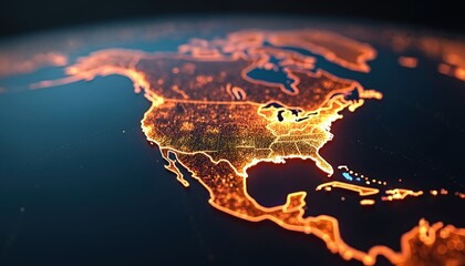 Poster - Digital rendering North America with glowing lines connecting cities, representing global connectivity. Lines of light highlight global network connection, cyberspace digital earth map.