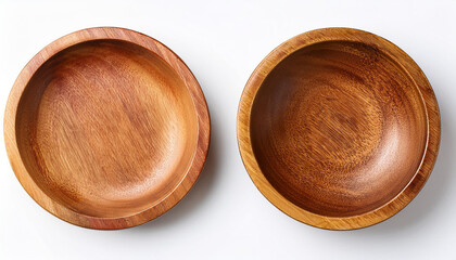 Aufkleber - Two wooden bowls sit on a white surface. Each bowl is round and empty. They are made of natural wood with visible grain. The bowls are different shades of brown.