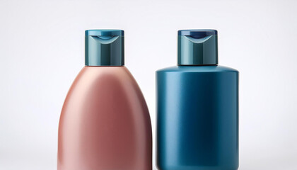 Aufkleber - Two bottles stand. They are plain and simple. One bottle is blue. The other bottle is pink. Each one has a dark green top. The background is white.