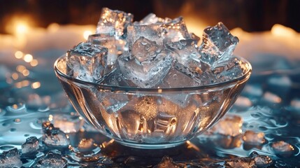 Wall Mural - Sparkling Ice Cubes in Glass Bowl, Glowing Background of excellence in splendor beyond compare