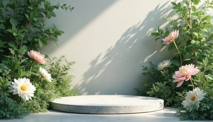 Aufkleber - Empty stone platform podium surrounded by green tropical plants, flowers. Product placement presentation stage for beauty cosmetic goods fashion. Natural background backdrop with shadows for display.