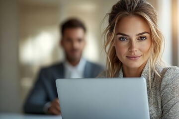 Poster - Focused Female Lawyer Working on Laptop with Man Blurred in the Foreground against a White Background