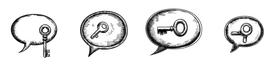 Poster - Key symbols in thought bubbles representing ideas and communication in a creative abstract style