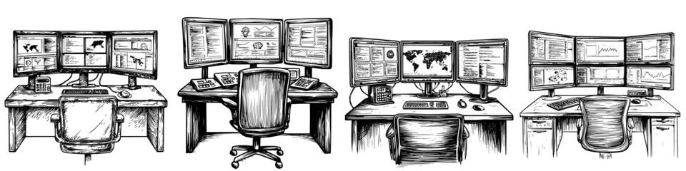 Poster - Workstations with multiple monitors showcasing data analysis at various angles during office hours