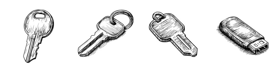 Poster - Variety of keys and a USB drive illustrated with a hand-drawn style on a plain background