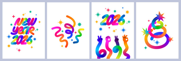 Poster - 2026 Happy New Year Backgrounds. Vector Party Card Color Design with Confetti. New Year Holiday Greetings Banners with Gradient