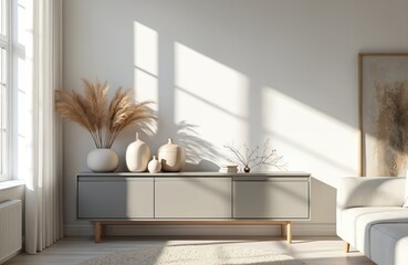 Aufkleber - Minimalist white living room interior design. Modern gray cabinet offers clean aesthetic. Stylish furniture, decorative vases. Sun light through window. Cozy home concept. Perfect decor inspiration