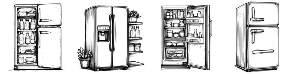 Poster - Various refrigerators showcasing different designs and contents in a simple, clean style