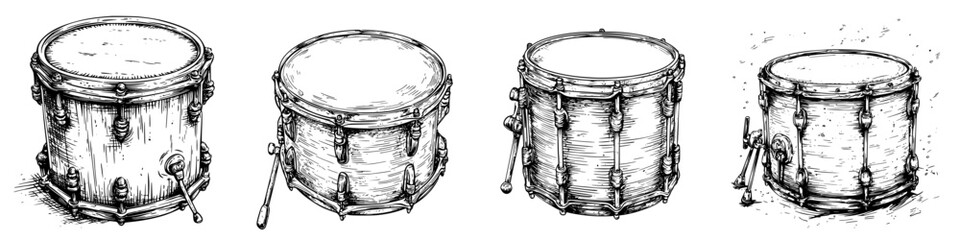 Poster - Illustration of various drum types showcasing their unique shapes and textures in a rhythmic progression from left to right