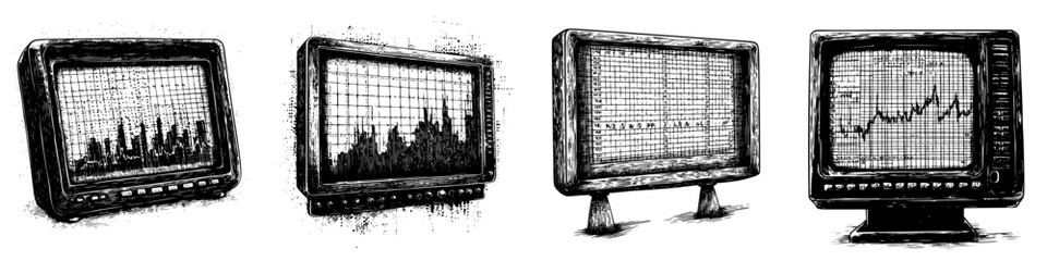 Poster - Multiple monitors displaying stock market charts with fluctuating trends in a financial analysis environment