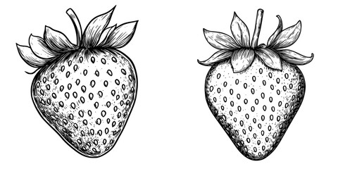 Poster - Detailed black and white illustration of two strawberries with distinct leaf designs and textures