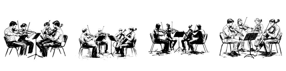 Poster - Musicians perform in a string ensemble while engaged in a collaborative rehearsal session in a spacious venue