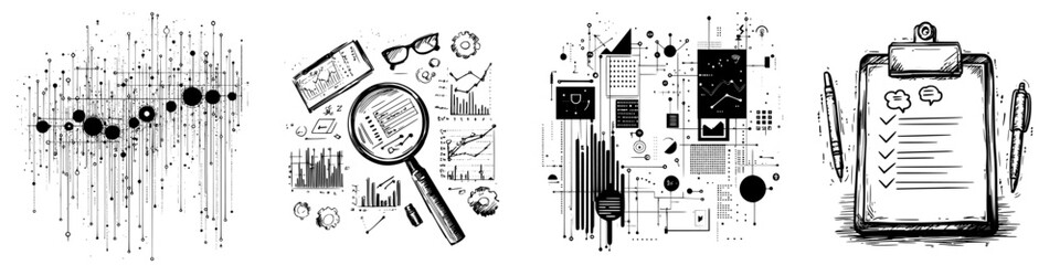Poster - Visual representation of data analysis and research methods with charts and reports designed in a monochromatic style