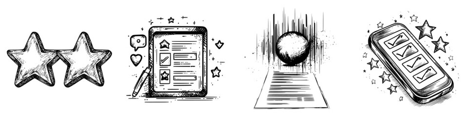 Poster - Visual representation of a rating system with stars, checklist, globe, and mobile device illustrating feedback and reviews