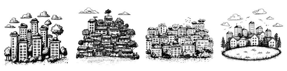 Poster - Urban development concepts showcasing different architectural styles and green spaces in a city layout