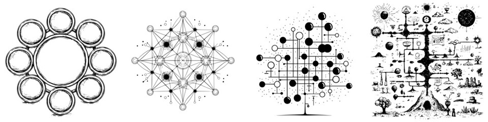 Poster - Abstract geometric designs illustrating connections, patterns, and natural elements in a creative arrangement
