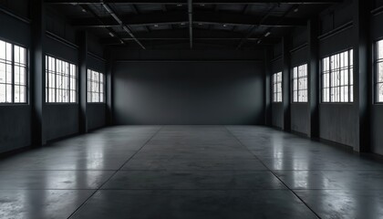 Poster - Dark empty modern industrial room with concrete floor, metal beams and large windows. Interior architecture design with urban loft aesthetic. Minimalist style studio space background.