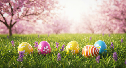 Easter Eggs in Grass Field with Cherry Blossoms – Dreamy Spring Scene with Pastel Colors and Vibrant Patterns