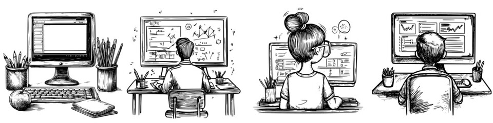Poster - People working at computers in various tasks focused on digital projects in an office setting during the day