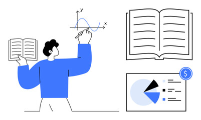 Poster - person analyzing data, holding book while sketching graph, accompanied by open book and financial pi