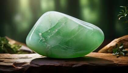 Aufkleber - Jade stone resting on a natural surface in diffused light captured within a serene forest setting