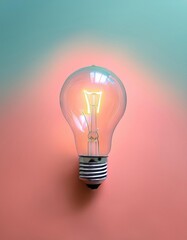 Poster - Minimalist Light Bulb Glowing Softly in a Pastel Room, Infusing Warmth With Its Gentle Illumination