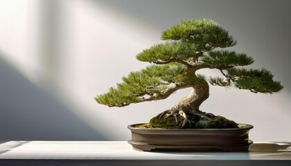 Poster - Solitary Bonsai Tree Gracefully Illuminated in a Minimalist Setting With Subtle Shadows