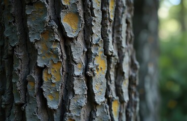 Poster - Close-up shot of tree bark showing rough textured surface. Natural pattern with gray and yellow lichen. Old trunk, macro shot of bark texture, natural background.