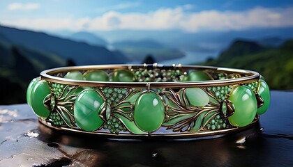 Poster - Intricate jade jewelry glinting in the morning light near a serene lake