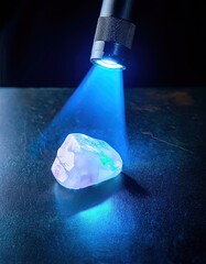 Poster - Inspection of jade rock with portable UV LED flashlight reveals mesmerizing colors and textures