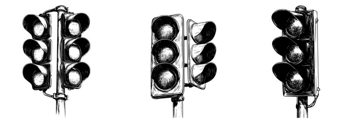 Poster - Traffic lights in urban setting showing red, yellow, and green signals during daytime