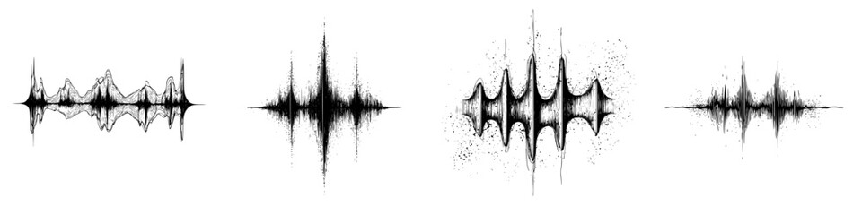 Poster - Sound wave patterns displaying various forms and textures in black and white on a clean background