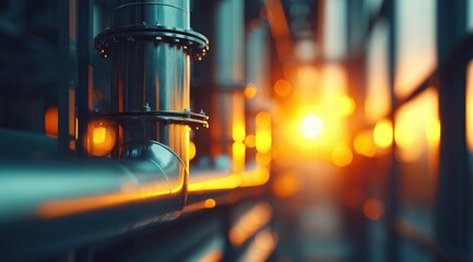 Poster - Close-up shot of industrial pipes within a factory environment, illuminated with a warm, inviting glow.