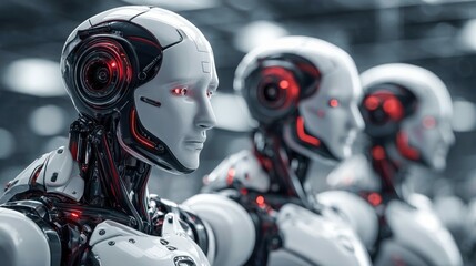 Poster - A line of advanced robots with glowing red eyes, symbolizing future technology and artificial intelligence.